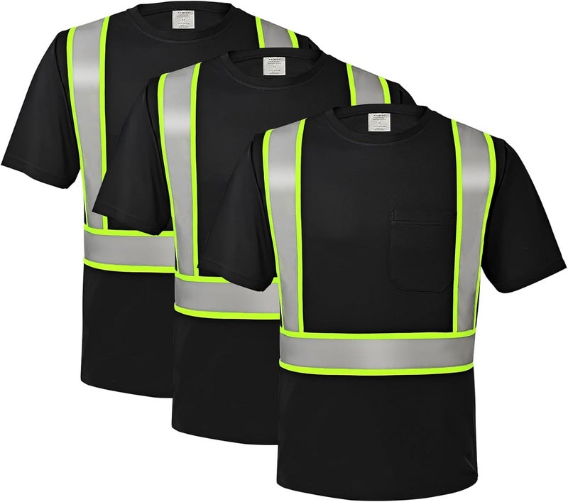 wefeyuv Store 3PCS-High Visibility Shirts Quick Dry Safety T Shirts with Pocket and 3 Reflective Strips Short Sleeve Mesh Hi Vis Construction Work Class 2 Shirt for Men/Women, Black 2XL - Image 1